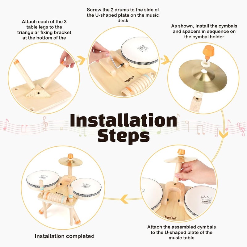 Vanplay Toddler Drum Set - 5 in 1 Wooden Musical Toys for Toddlers 3+, Montessori Toys for Baby Boy Girls Easter Birthday Gifts for Kids Age 3 4 5 6 - Image 5